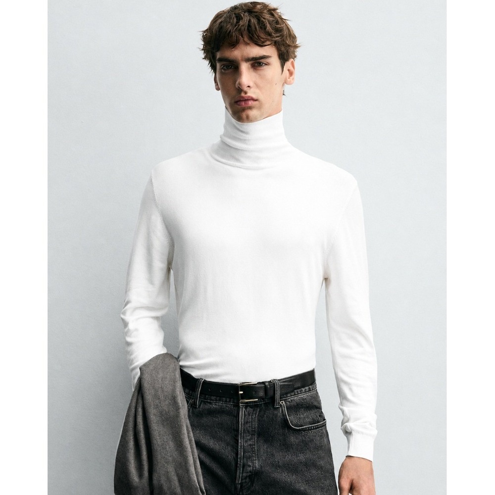 Zara White Basic High Neck Sweater Men's Medium Long‎ Sleeve Knit Roll Neck Top